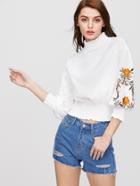 Shein Flower Embroidered Lantern Sleeve Shirred Hem Blouse