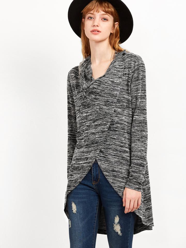 Shein Black Marled Knit Overlap Coat