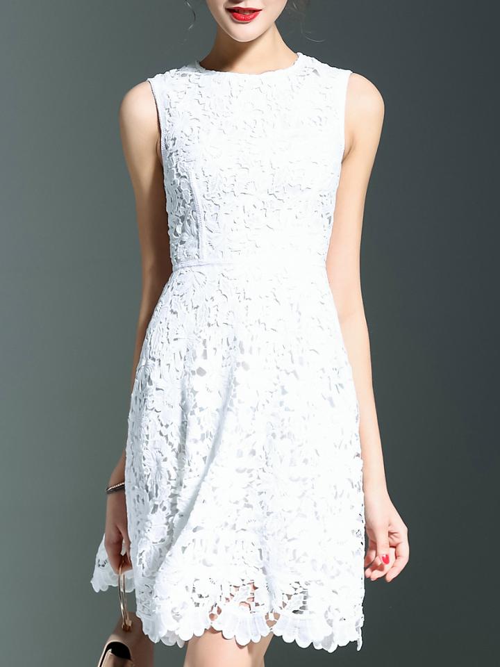 Shein White Round Neck Sleeveless Hollow Crochet Dress