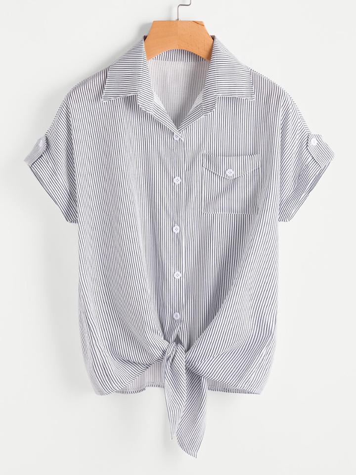 Shein Vertical Pinstriped Knotted Hem Shirt