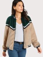 Shein Color Block Fuzzy Bomber Jacket