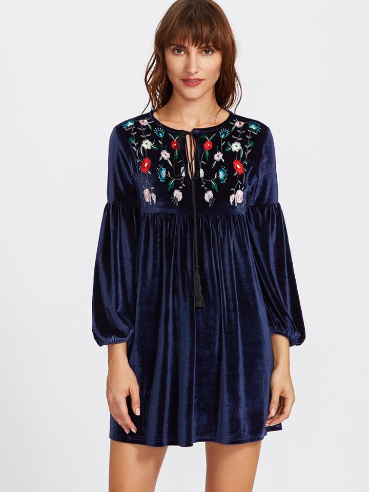 Shein Botanical Embroidery Tasseled Tied Neck Velvet Dress