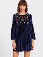 Shein Botanical Embroidery Tasseled Tied Neck Velvet Dress