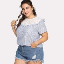 Shein Plus Frill Detail Eyelet Embroidered Yoke Striped Top