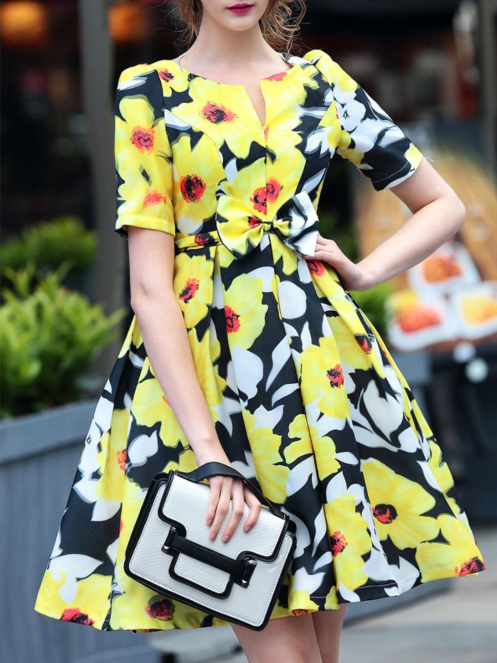 Shein Yellow Bowtie Print A-line Dress
