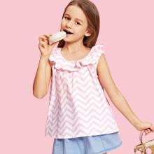 Shein Girls Ruffle Neck Chevron Print Blouse
