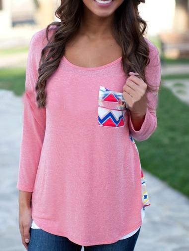 Shein Pink Long Sleeve Geometric Print T-shirt