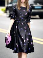 Shein Black Round Neck Half Sleeve Drawstring Flare Print Dress