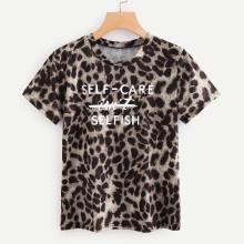 Shein Cuffed Sleeve Lettering & Leopard T-shirt