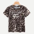 Shein Cuffed Sleeve Lettering & Leopard T-shirt