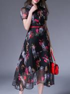 Shein Black Lapel Belted Monkey Print A-line Dress