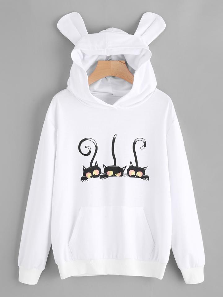 Shein Cat Print Bear Ear Hoodie With Kangaroo Pocket