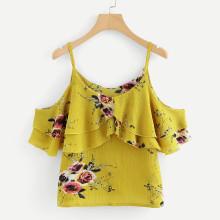 Shein Floral Print Open Shoulder Ruffle Trim Top