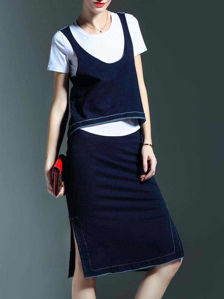 Shein Navy Three-piece Top With Split Skirt