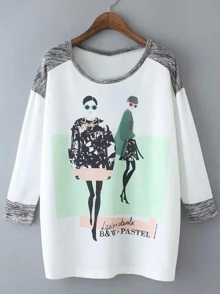 Shein Multicolor Round Neck Diamonds Figures Letters Print Blouse