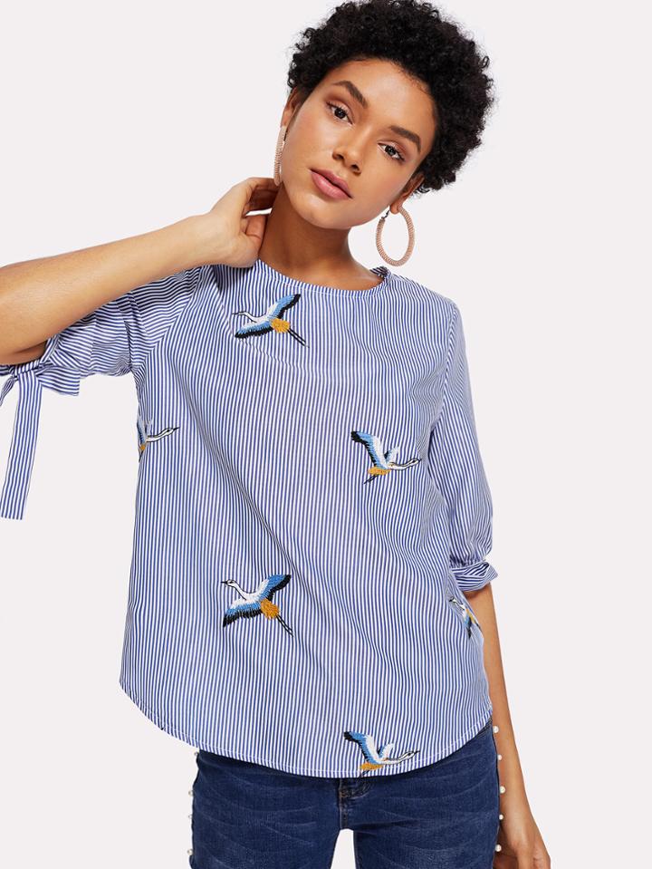 Shein Tied Cuff Embroidery Striped Blouse