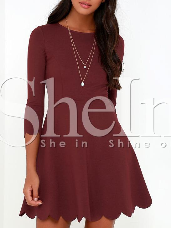 Shein Wine Red Round Neck Ruffle Dress