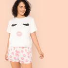 Shein Plus Face Print Top And Lip Shorts Pj Set