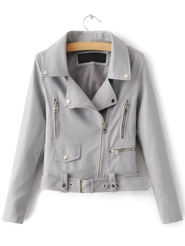 Shein Grey Zipper Pu Moto Jacket With Belt