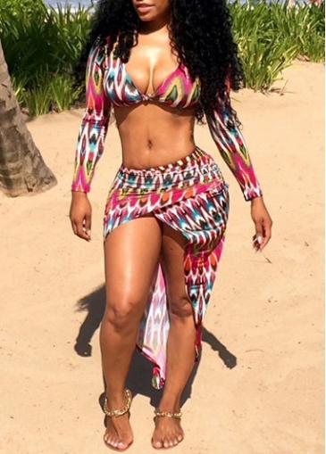 Rosewe Plunging Neckline Tribal Print Two Piece Dresses