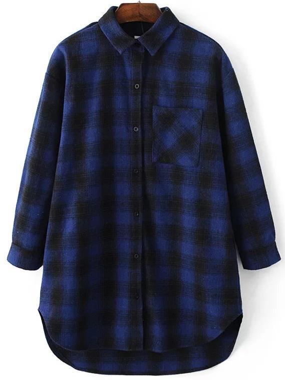 Shein Blue Plaid Dip Hem Long Blouse With Pocket