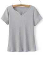 Shein Grey V Neck Short Sleeve Ribbed T-shirt
