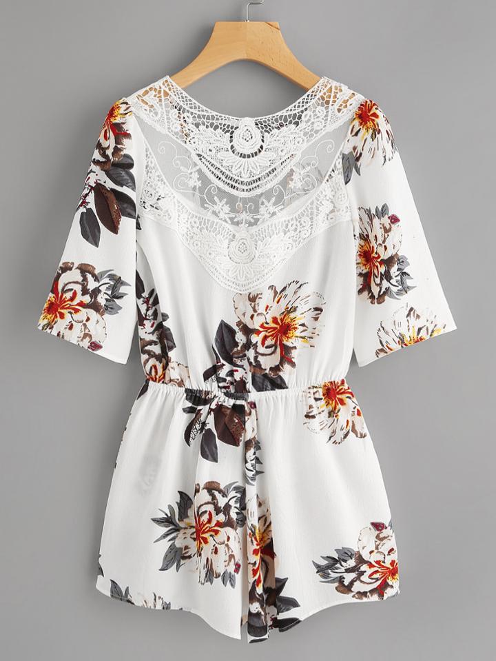 Shein Crochet Panel Open Back Tie Detail Botanical Print Romper