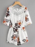 Shein Crochet Panel Open Back Tie Detail Botanical Print Romper