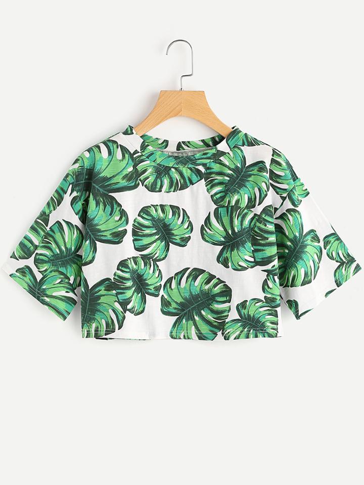 Shein Palm Leaf Print Crop Tee