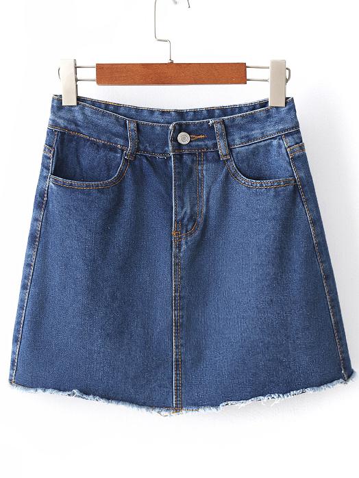 Shein Dark Blue Button Fly Raw-edged Cut Skirt