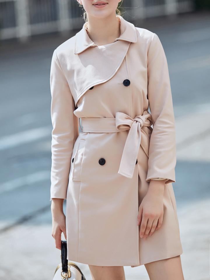 Shein Khaki Lapel Pockets Belted Coat