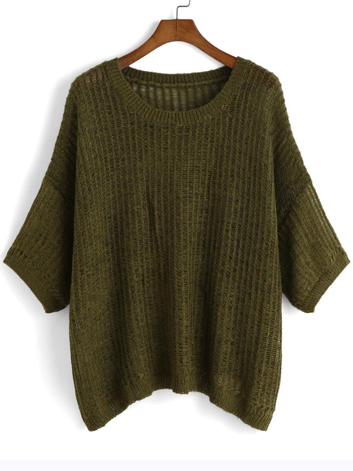 Shein Army Green Half Sleeve Loose Sweater