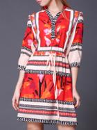 Shein Apricot V Neck Zebra Print Drawstring Dress