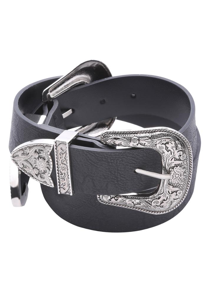 Shein Black Double Vintage Carved Buckle Belt