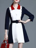 Shein White Contrast Navy Lapel Belted A-line Dress