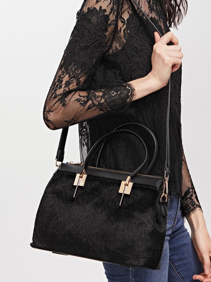 Shein Black Horse Hair Covered Pu Shoulder Bag