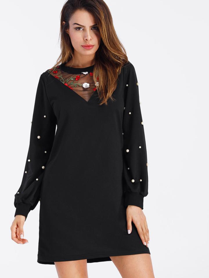 Shein Embroidery Mesh Panel Pearl Beaded Sweatshirt Dress