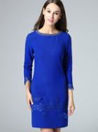 Shein Blue Round Neck Length Sleeve Beading Embroidered Dress
