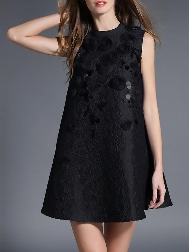 Shein Black Jacquard Beading Sequined Shift Dress