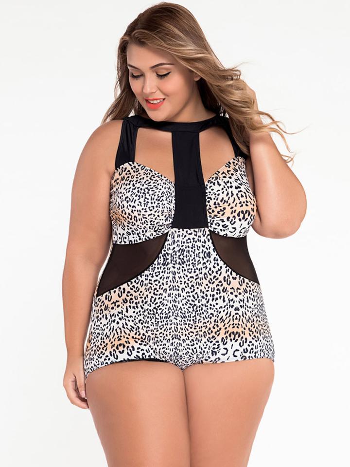 Shein White Leopard Print Cutout Mesh Insert Plus Size Swimsuit