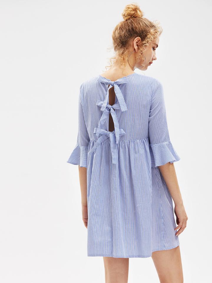 Shein Bow Tie Open Back Fluted Sleeve High Waist Striped Dress