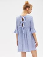 Shein Bow Tie Open Back Fluted Sleeve High Waist Striped Dress