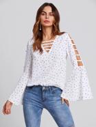 Shein Ladder Sleeve And V Neck Flute Sleeve Blouse