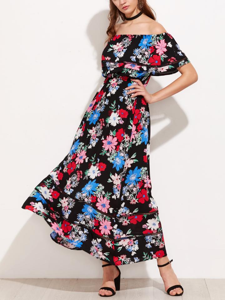 Shein Flounce Layered Neckline Lace Insert Floral Dress