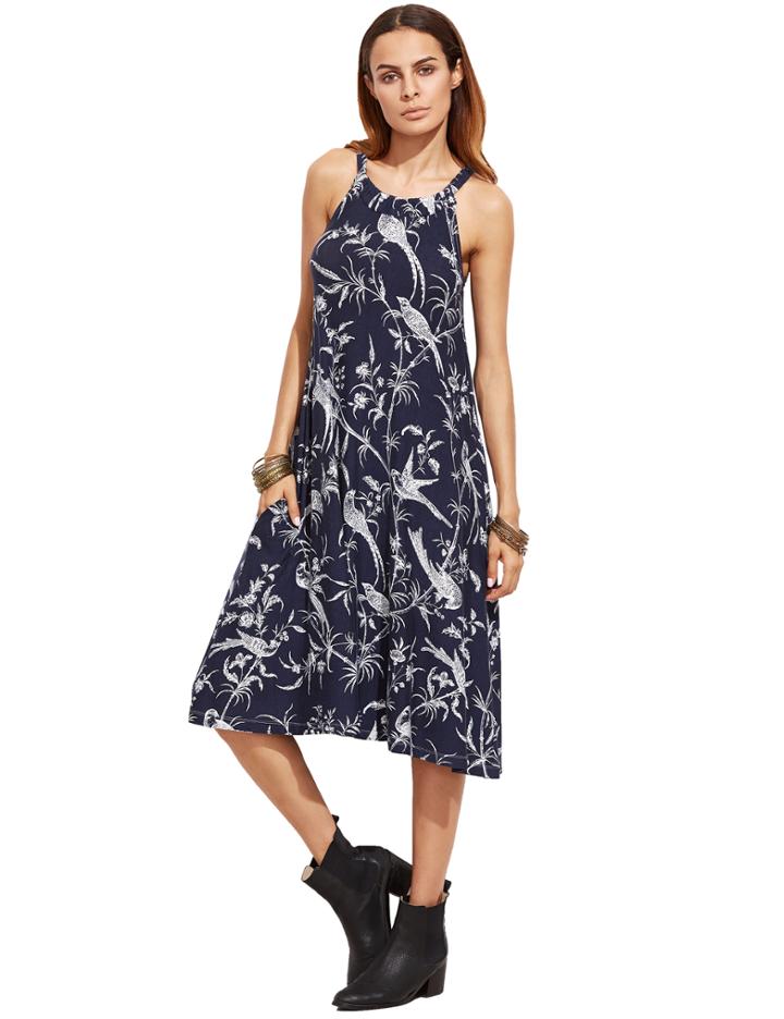 Shein Navy Halter Floral Birds Print Pockets Dress