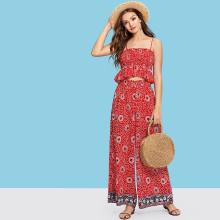 Shein Ruffle Hem Mixed Print Smock Cami Top & Wide Leg Pants