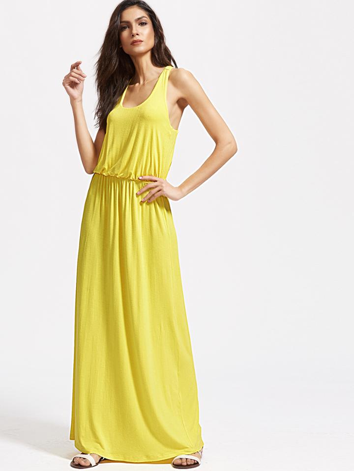 Shein Yellow Scoop Neck Elastic Waist Racerback Tank Dress