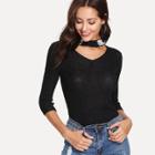 Shein Pearl Beaded V Cut Neck Tee