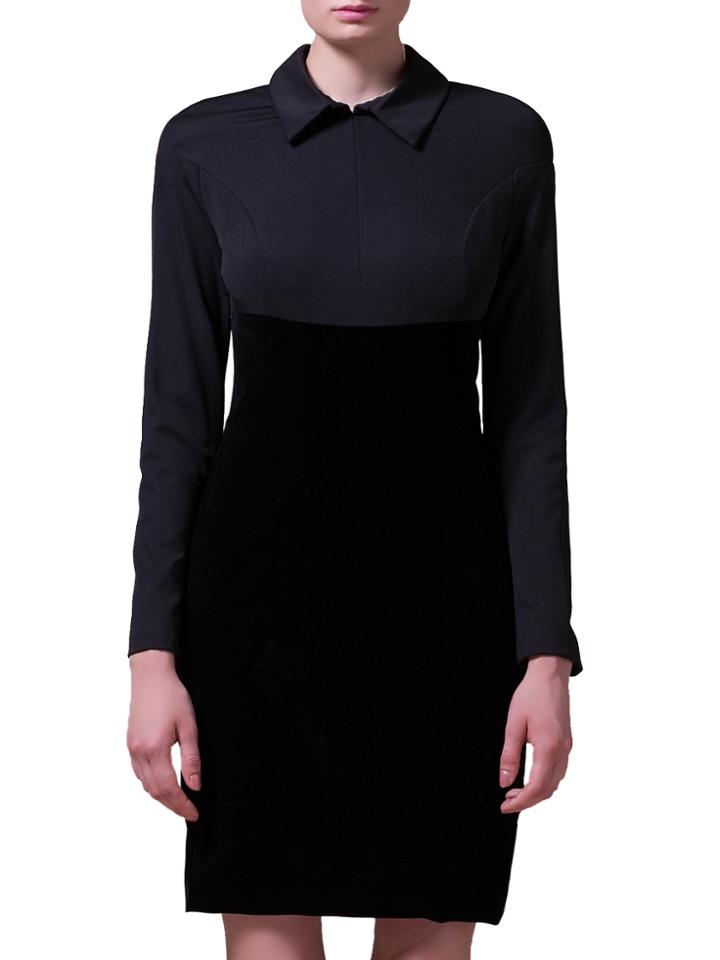 Shein Black Lapel Velvet Combo Sheath Dress