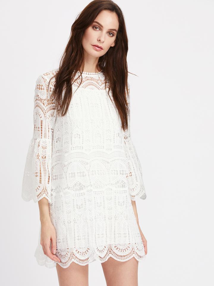 Shein Bell Sleeve Scallop Edge Geo Crochet Dress